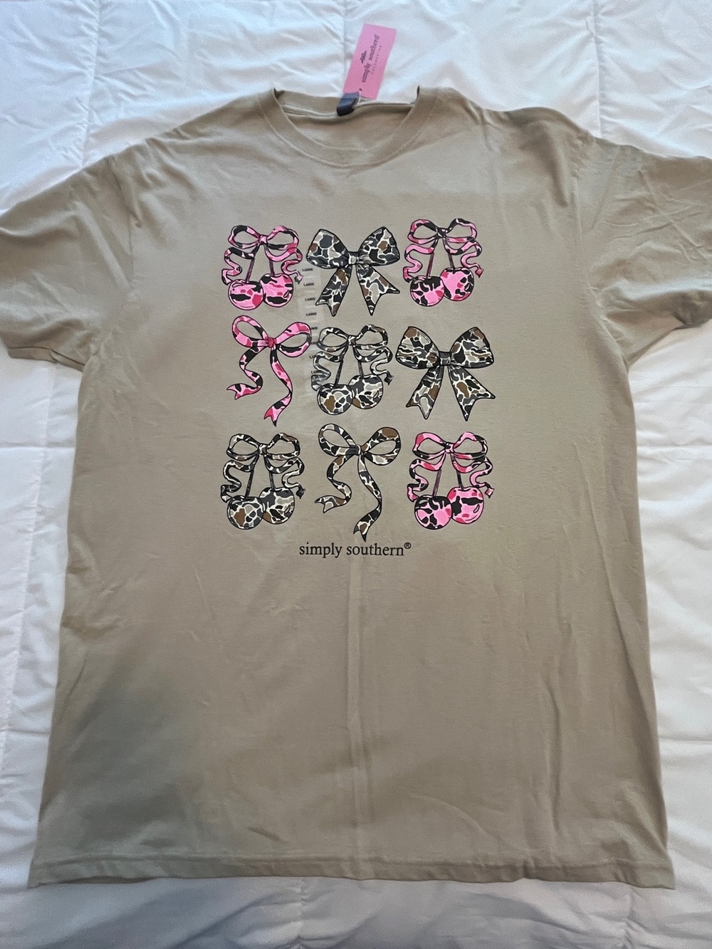 Simply Southern Tan Tee with Pink and Camo Bows and Cherries. Size Large